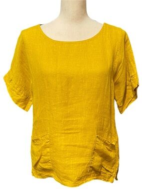 Francesca Bettini Yellow 100% linen Front Pocket Short Sleeve Casual Summer Top